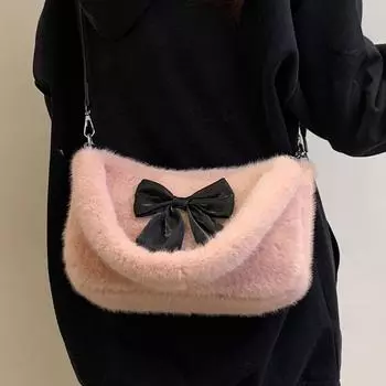 Осенне-зимние плюшевые сумки для женщин, новые модные милые сумки на одно плечо с бантом, популярная квадратная сумка через плечо