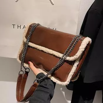Осенне-зимние плюшевые сумки женские универсальные модные сумки на цепочке через плечо большая вместимость PU плюшевая сращенная сумка через плечо