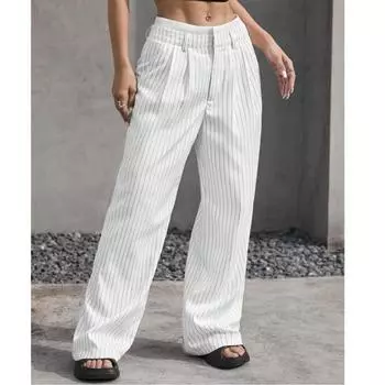 Осенне-зимние полосатые контрастные цвета европейские и американские повседневные брюки с высокой талией, простые драпированные прямые брюки для костюма S белый