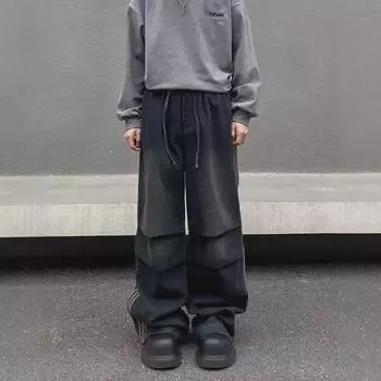 Осенне-зимние полосатые плиссированные свободные повседневные брюки : Джинсы в стиле ретро-американской уличной моды. M чёрный