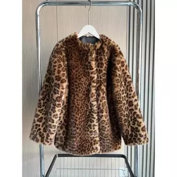 Осенне-зимние поступления Женская одежда Пальто из искусственного меха с принтом животных и куртка с капюшоном Куртка с круглым вырезом и леопардовым принтом XS коричневый