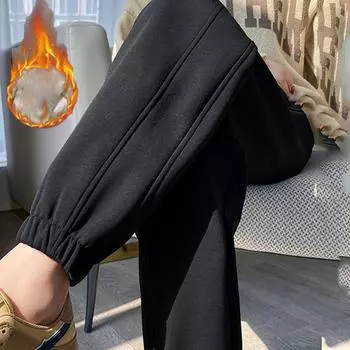 Осенне-зимние повседневные бархатные брюки для женщин, утепленные серые спортивные штаны больших размеров, черная уличная одежда, шаровары M чёрный