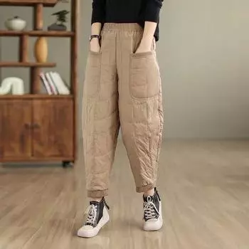 Осенне-зимние повседневные брюки-девятиминутки, утепленные ветрозащитные шаровары, брюки-пуховики с высокой талией, для холодной погоды XXXXL чёрный