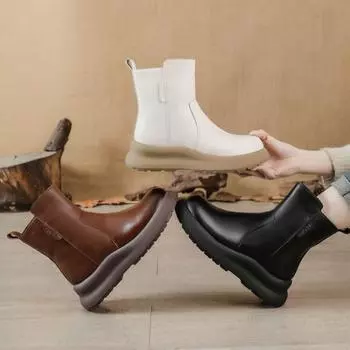 Осенне-зимние повседневные модные женские зимние ботинки с толстой подошвой, ретро-ботинки с круглым носком, однотонные теплые хлопковые ботинки 35 коричневый