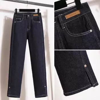 Осенне-зимние пуговицы свободного покроя, универсальные укороченные женские брюки, женские джинсы больших размеров, джинсовые брюки-карандаш, женские эластичные брюки с высокой талией XXXXXL темно-синий