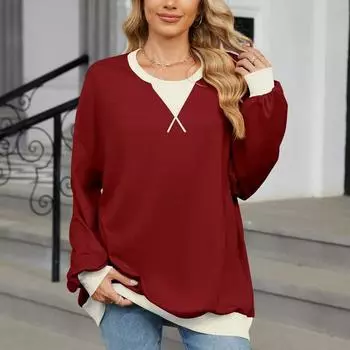 Осенне-зимние пуловеры и длинные рукава женские контрастные цвета с круглым вырезом свободная толстовка больших размеров S вино красного