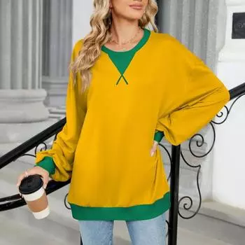 Осенне-зимние пуловеры и длинные рукава женские контрастные цвета с круглым вырезом свободная толстовка больших размеров S вино красного