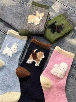 Осенне-зимние пушистые милые носки с изображением щенков для женщин, корейская мода, ретро, теплые, в стиле колледжа, милые цветные контрастные носки One Size зелёный