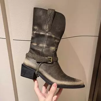 Осенне-зимние ретро-ковбойские сапоги для женщин с толстой подошвой Mordern Botas Fashion Slip on Rivet Chain Женские повседневные короткие сапоги D27 40