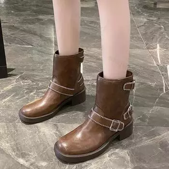 Осенне-зимние ретро-ковбойские сапоги для женщин на толстой подошве Mordern Botas Fashion Buckle Slip on Rivet Chain Женские повседневные короткие сапоги 35 чёрный