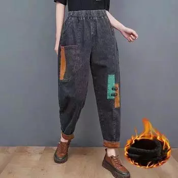 Осенне-зимние ретро-лоскутные джинсы из одного бархата для женщин с высокой талией, свободные, узкие, универсальные, модные штаны-шаровары для папы XXXL