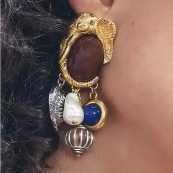 Осенне-зимние ретро-серьги высокого класса с имитацией жемчуга, драгоценными камнями, животными, металлическими подвесками в виде слона, креативный универсальный стиль золотой