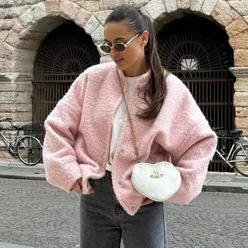 Осенне-зимние розовые куртки для женщин, уличные повседневные модные пальто с длинным рукавом и воротником-стойкой, карманы, 2024, новые элегантные короткие пальто для поездок на работу для женщин S розовый