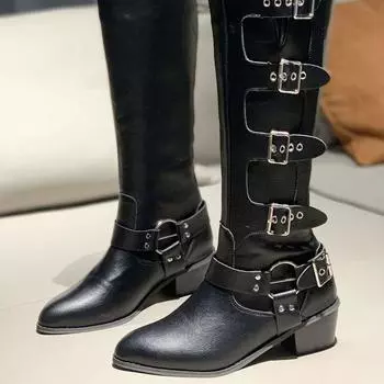 Осенне-зимние сапоги больших размеров для женщин с пряжкой, покатым каблуком и острым носком 35-43 35 коричневый