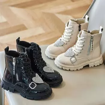 Осенне-зимние сапоги для девочек, детские ботильоны в британском стиле, ботинки принцессы с блестками Love, уличная нескользящая детская повседневная обувь 21 бежевый