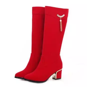 Осенне-зимние сапоги до колена женские черные красные флоковые женские высокие сапоги роскошные повседневные низкие каблуки модные длинные туфли для вечеринок женские 34 чёрный
