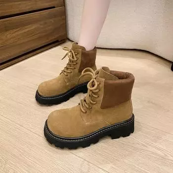 Осенне-зимние сапоги на толстой подошве со шнуровкой, женские замшевые ботильоны в стиле пэчворк, повседневные туфли на платформе в британском стиле 35