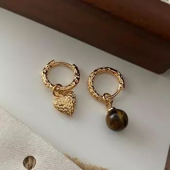 Осенне-зимние серьги Merad Tiger S Eye Stone Ear Buckle Love Asymmetric Earrings Temperament Niche Retro High-End Earrings