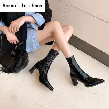 Осенне-зимние сексуальные лакированные кожаные женские ботильоны с острым носком, модные туфли на толстом высоком каблуке с застежкой-молнией Zapatos Mujer 35