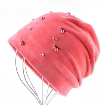 Осенне-зимние шапочки, женские милые шапочки со стразами и жемчугом на цепочке для девочек, теплая мягкая толстая шапка 55-58CM серый