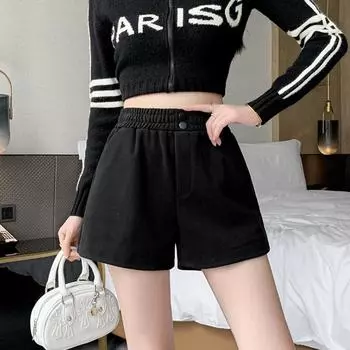 Осенне-зимние шерстяные широкие шорты для женщин, повседневные шорты трапециевидной формы с высокой талией, черные, коричневые винтажные корейские модные женские одежды S чёрный