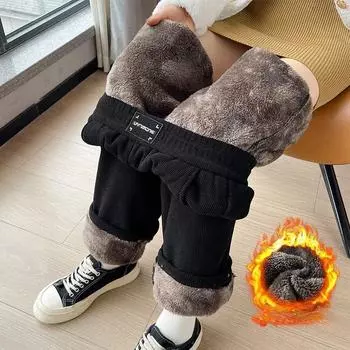 Осенне-зимние широкие брюки женские плюшевые брюки женские очень толстые брюки с высокой талией теплые прямые корейские брюки джоггеры женские XXXXL чёрный