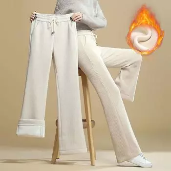 Осенне-зимние широкие брюки женские с высокой талией и бархатными мешковатыми прямыми брюками повседневные корейские модные утепленные брюки 3XL чёрный