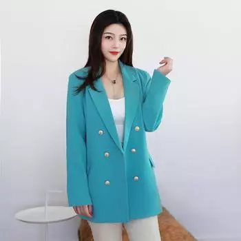 Осенне-зимние свободные модные синие женские пиджаки большого размера, двубортное черное пальто S чёрный