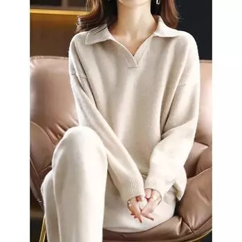 Осенне-зимние свободные трикотажные комплекты из двух предметов для женщин, корейский свитер с воротником-поло, пуловер, коньюнтос, высокая талия, длина до щиколотки, широкие брюки-шаровары XXL чёрный