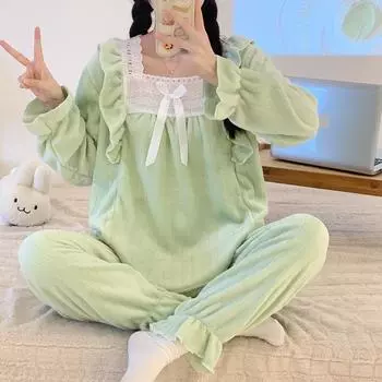 Осенне-зимние теплые фланелевые женские пижамные комплекты из плотного кораллового бархата с длинным рукавом и милым бантом, однотонная одежда для сна, мягкая фланелевая пижамная комплект M