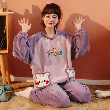 Осенне-зимние теплые фланелевые женские пижамные комплекты из плотного кораллового бархата с длинным рукавом, милая мультяшная пижама, фланелевая пижама для девочки M