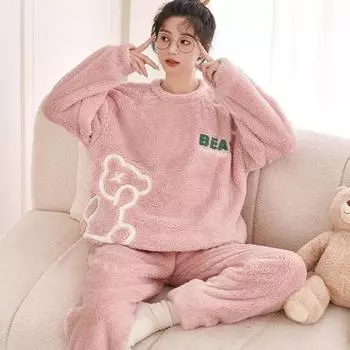 Осенне-зимние теплые фланелевые женские пижамные комплекты из плотного кораллового бархата с длинным рукавом и рисунком медведя из мультфильма, пижамный комплект из фланели для девочки M