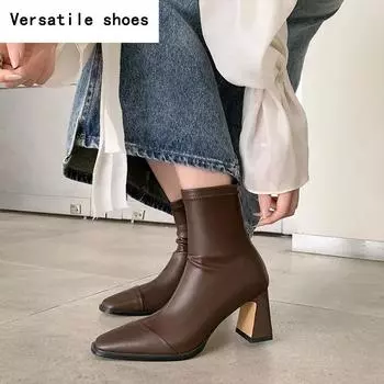 Осенне-зимние теплые хлопковые женские ботильоны, модные короткие ботильоны с квадратным носком, женские лаконичные туфли на толстом высоком каблуке 35