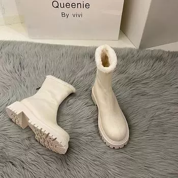 Осенне-зимние теплые меховые женские ботильоны модные элегантные туфли с молнией сзади женские короткие ботильоны на толстом каблуке 35
