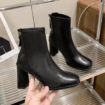 Осенне-зимние теплые меховые женские ботильоны модные элегантные туфли с молнией сзади женские современные короткие ботильоны на толстом каблуке 35