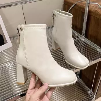 Осенне-зимние теплые меховые женские ботильоны модные элегантные туфли с молнией сзади женские современные короткие ботильоны на толстом каблуке 35 чёрный