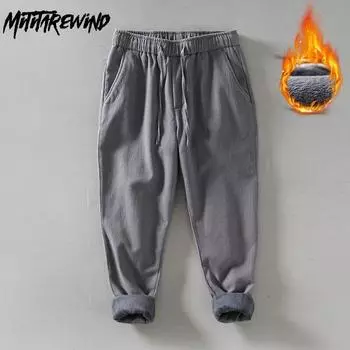 Осенне-зимние теплые мужские брюки, повседневные теплые флисовые брюки, прямые брюки из хлопка и льна в китайском стиле с эластичной резинкой на талии M чёрный