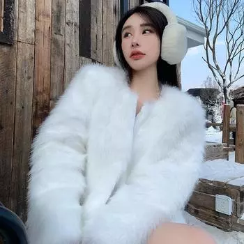 Осенне-зимние теплые пальто из лисьего меха с длинным рукавом, женские винтажные элегантные свободные куртки с круглым вырезом, женские однотонные повседневные женские куртки верхней одежды 25519 One Size белый