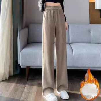 Осенне-зимние теплые прямые брюки женские зимние плюшевые флисовые термоэластичные женские вельветовые брюки свободного покроя женские повседневные спортивные брюки из плотного бархата M чёрный