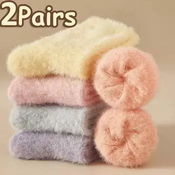 Осенне-зимние теплые пушистые милые носки Kawaii однотонные мягкие плюшевые носки средней длины Harajuku для дома из норки с толстым носком 1 Pair