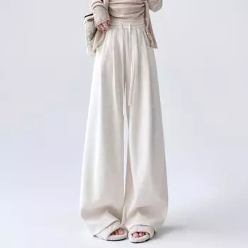 Осенне-зимние теплые широкие брюки из плюшевого бархата для женщин, свободные прямые повседневные брюки с высокой талией, женские однотонные модные женские брюки со шнурком 25711 S бежевый