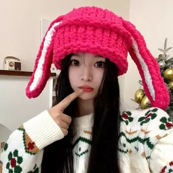 Осенне-зимние теплые симпатичные вязаные шапки из толстой нити для женщин и мужчин с длинными ушами, милые дорожные теплые модные пуловеры, шапки-бини 56-58cm хаки