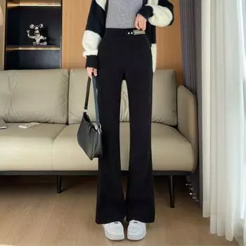 Осенне-зимние теплые утолщенные узкие расклешенные брюки женские повседневные эластичные брюки с бархатной подкладкой и высокой талией зимняя одежда плюшевые женские новые S чёрный