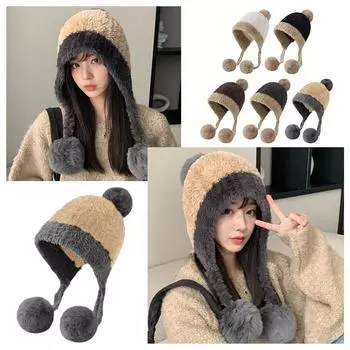 Осенне-зимние теплые вязаные шапки женские милые мультяшные шапочки-шарики две плюшевые ушанки утолщенные роговые V0C8 khaki-One size