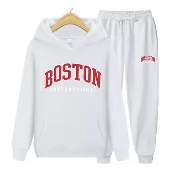 Осенне-зимние толстовки + брюки, комплект из двух предметов, бостонский принт, мужские и женские толстовки, спортивные костюмы, брюки для бега, плотная теплая одежда для мужчин S