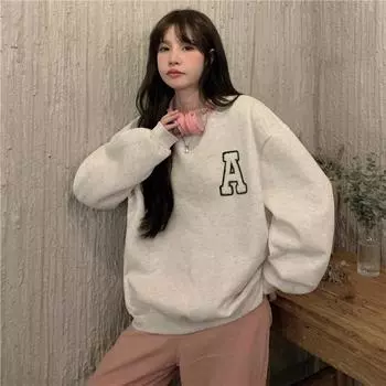 Осенне-зимние толстовки с буквенным принтом, женские толстовки с длинным рукавом и круглым вырезом, корейские повседневные пуловеры, свободная винтажная уличная одежда M