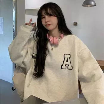 Осенне-зимние толстовки с буквенным принтом, женские толстовки с длинным рукавом и круглым вырезом, корейские повседневные пуловеры, свободная винтажная уличная одежда M