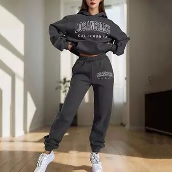 Осенне-зимние толстовки с капюшоном, женские костюмы, утепленные теплые спортивные штаны, комплект из 2 предметов, комплект из женских брюк с винтажным принтом в виде букв S серый