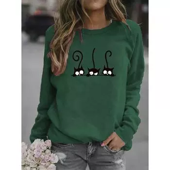 Осенне-зимние толстовки с круглым вырезом и длинными рукавами, нижняя рубашка, женский повседневный пуловер с принтом кошки, топ M