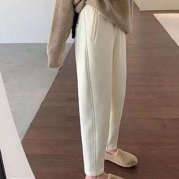 Осенне-зимние толстые однотонные плюшевые повседневные хлопковые женские брюки-капри, свободные узкие брюки с высокой талией, женские модные флисовые теплые шаровары для женщин 25258 S чёрный